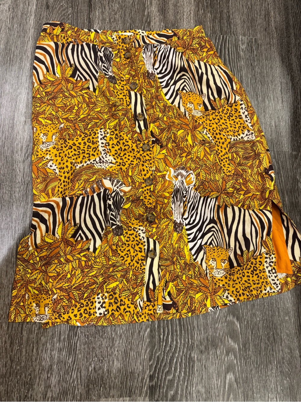 Anthropologie Yellow and Black Safari Print Button-Front Skirt
